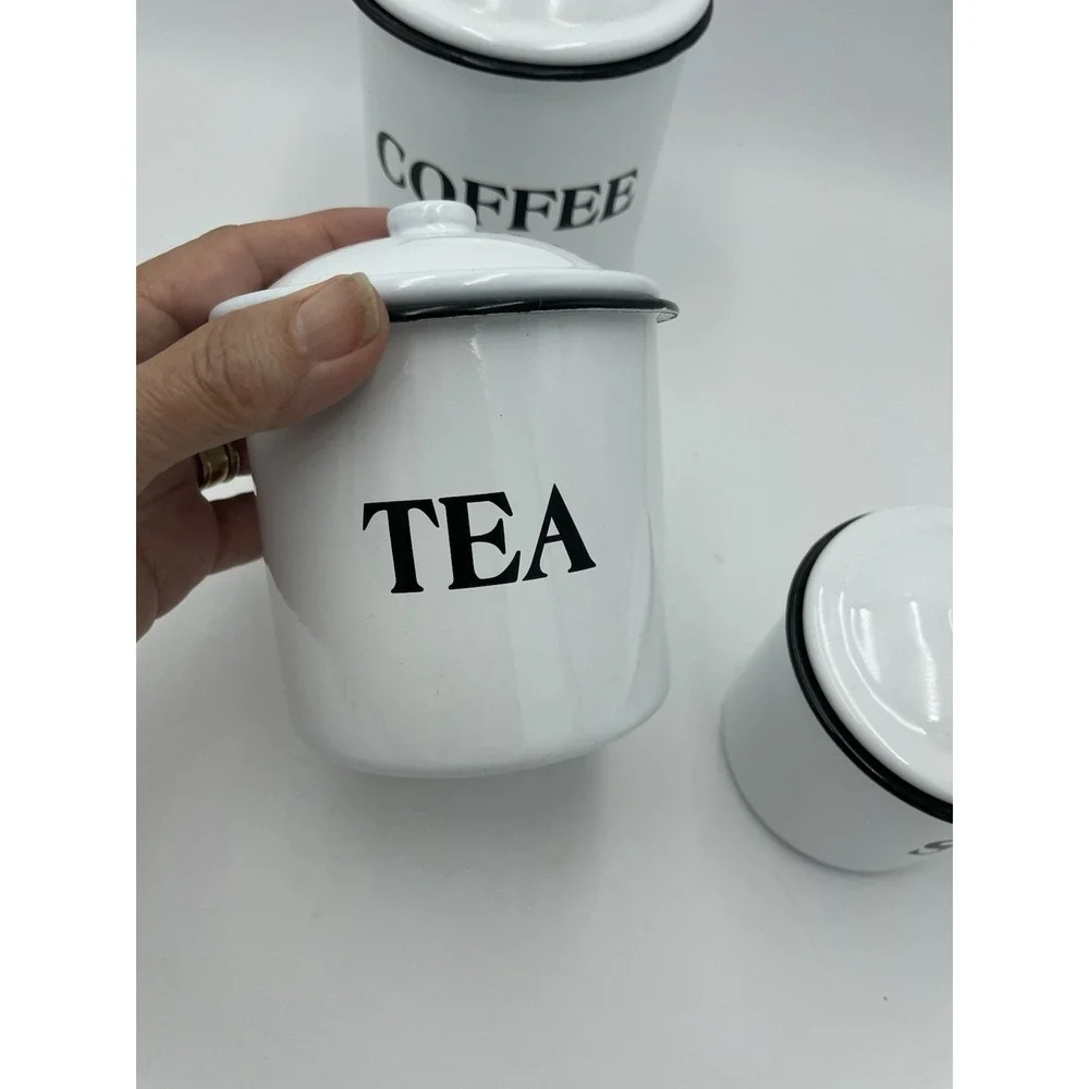 Farmhouse Coffee Tea Sugar White‎ Black Enamelware Canister Set Metal Cottage